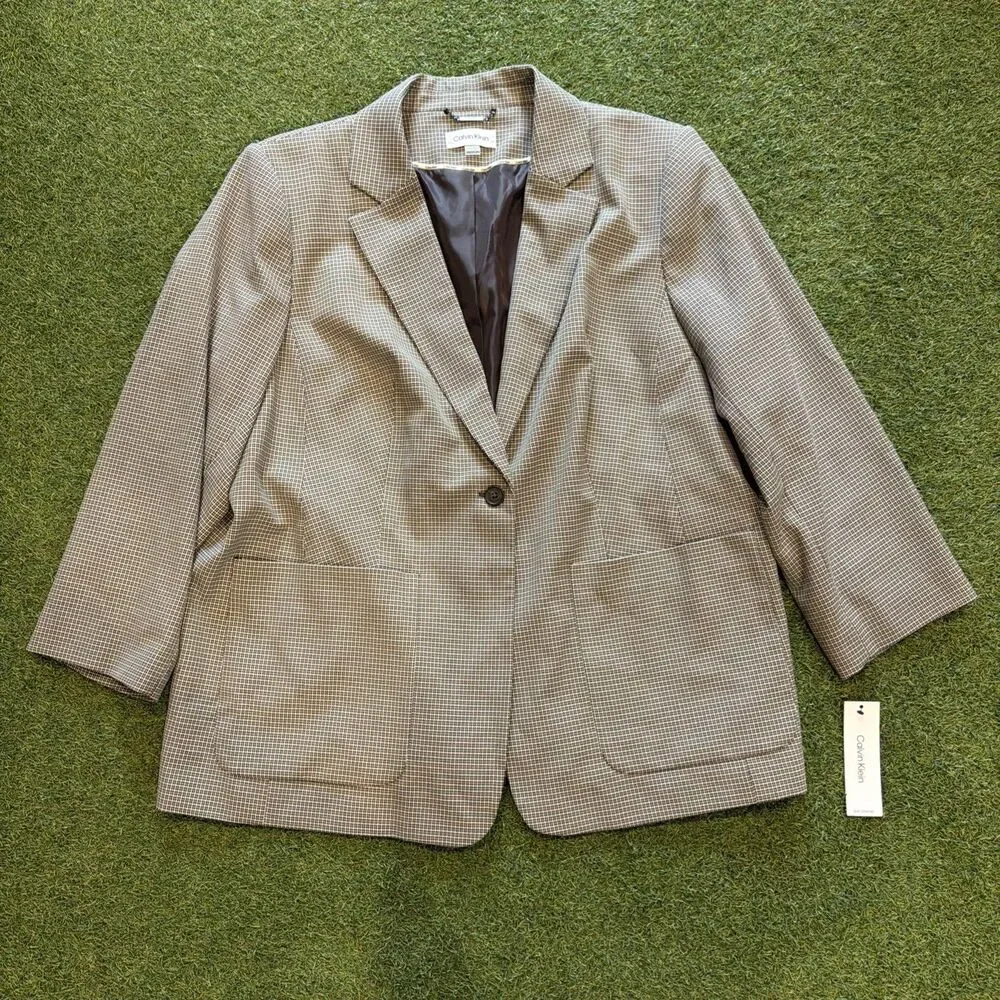 Calvin Klein Womens Brown Houndstooth Grid Plaid Blazer Jacket Single Button 24W - Picture 1 of 16